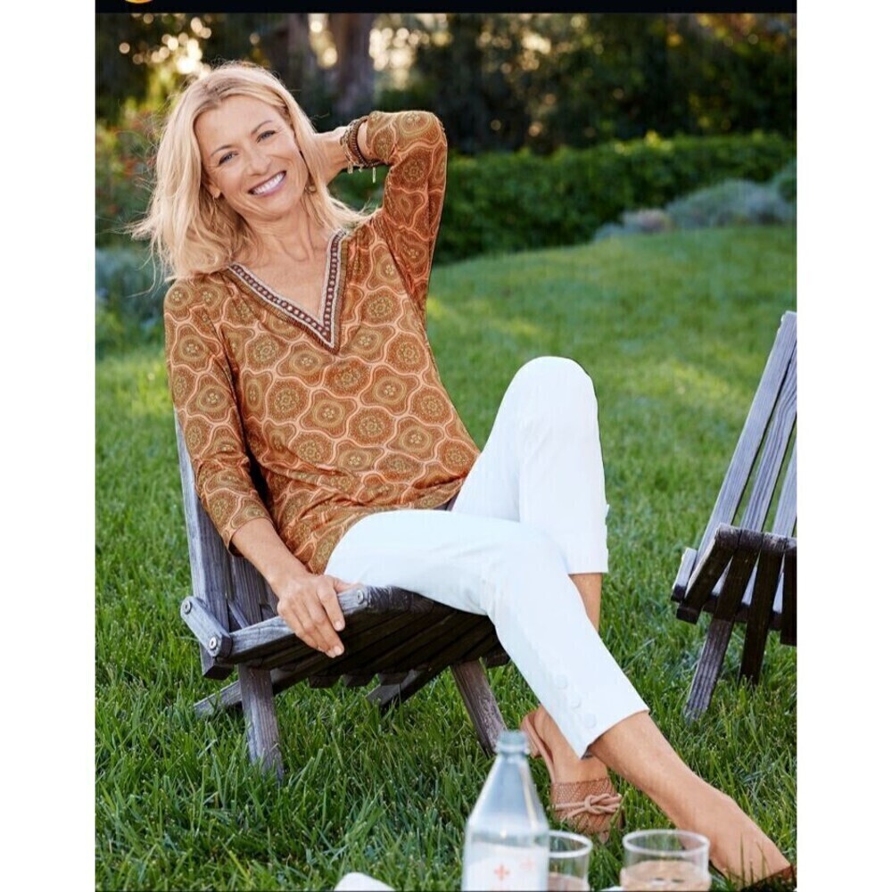 Soft Surroundings Lillia Beaded V Neck Tunic Top 2X 3/4 Sleeves Medallion Print